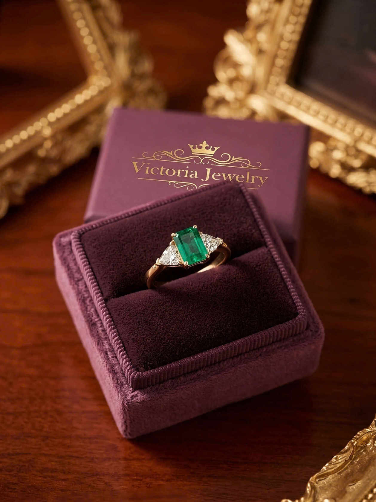 nhẫn emerald Colombia three-stone vàng 18K kim cương trillion — Victoria Jewelry