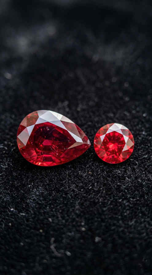 hai viên ruby tự nhiên Mozambique loose — pear cut và round cut — chứng nhận GRS